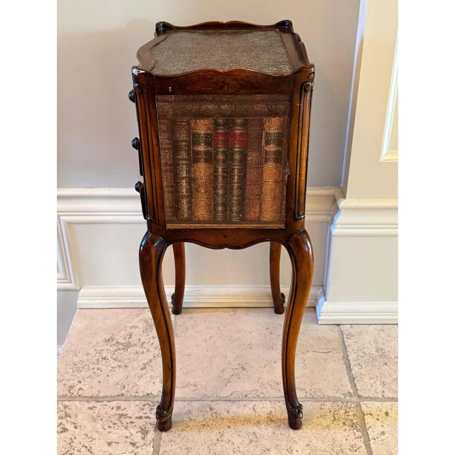 Theodore Alexander Petite Louis XVI Side Table with Faux Book Trompe l'Oeil Panels