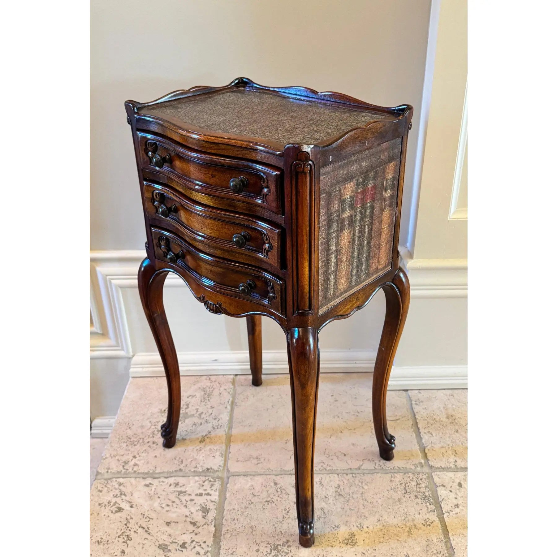 Theodore Alexander Petite Louis XVI Side Table with Faux Book Trompe l'Oeil Panels