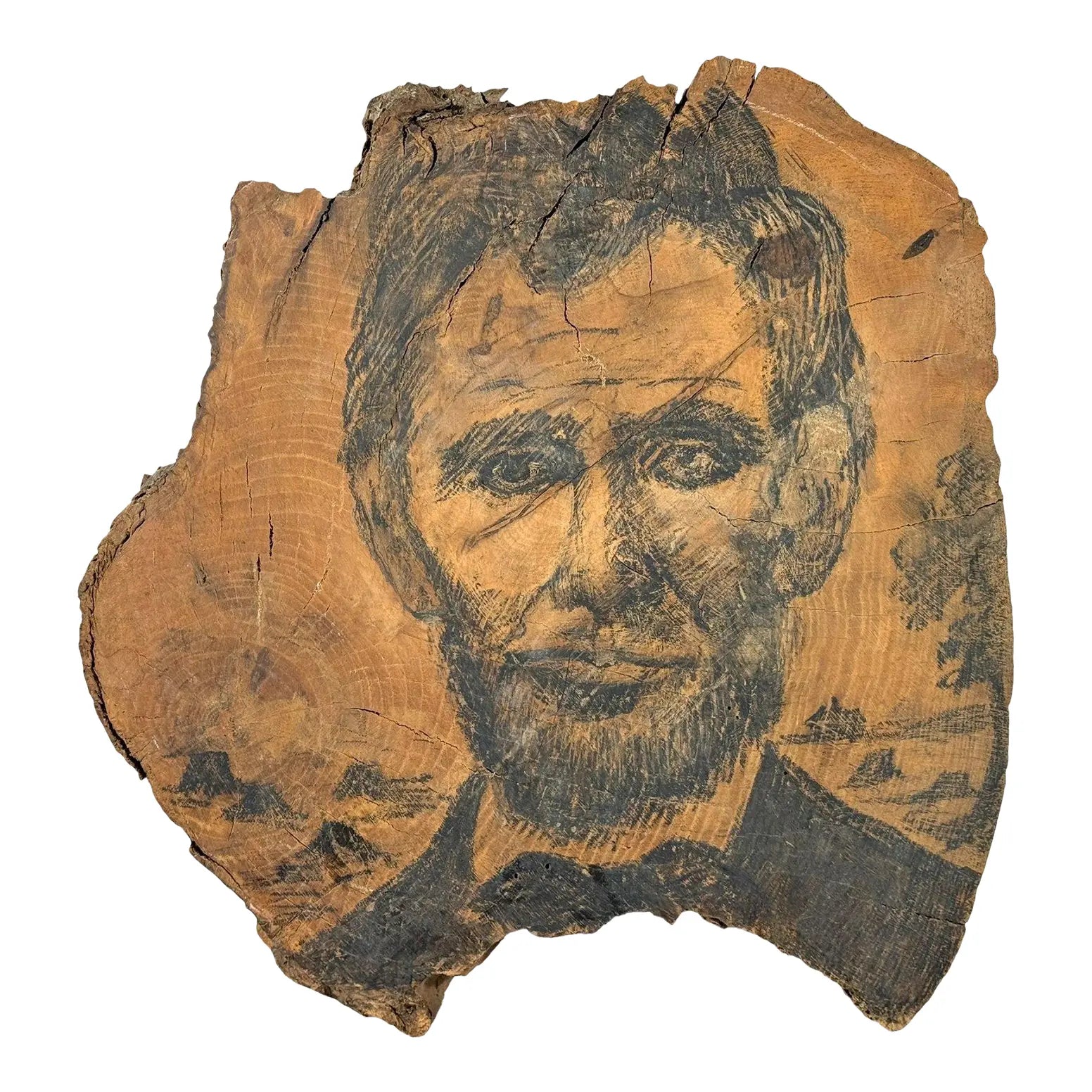 Rare 19th-Century Folk Art Abraham Lincoln Portrait on Old-Growth Wood Slab with Klondike Gold Rush Ephemera
