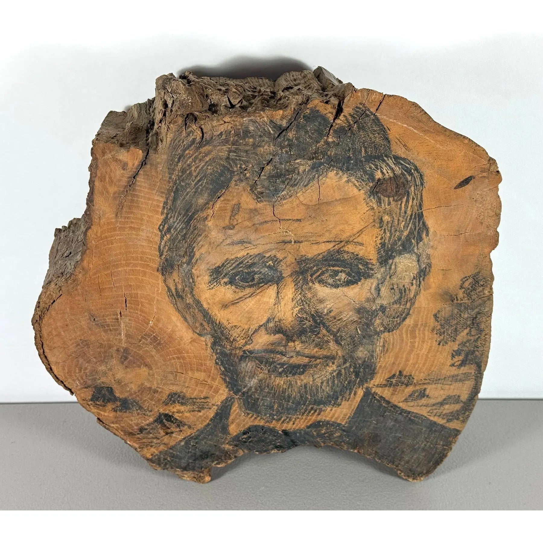 Rare 19th-Century Folk Art Abraham Lincoln Portrait on Old-Growth Wood Slab with Klondike Gold Rush Ephemera