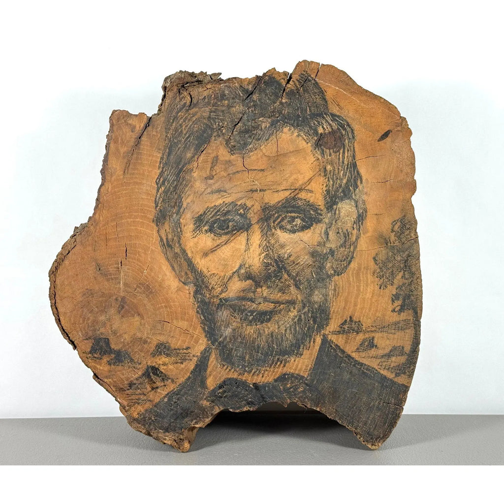 Rare 19th-Century Folk Art Abraham Lincoln Portrait on Old-Growth Wood Slab with Klondike Gold Rush Ephemera