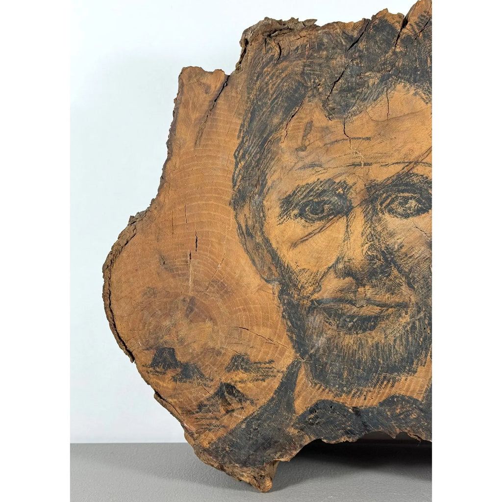 Rare 19th-Century Folk Art Abraham Lincoln Portrait on Old-Growth Wood Slab with Klondike Gold Rush Ephemera