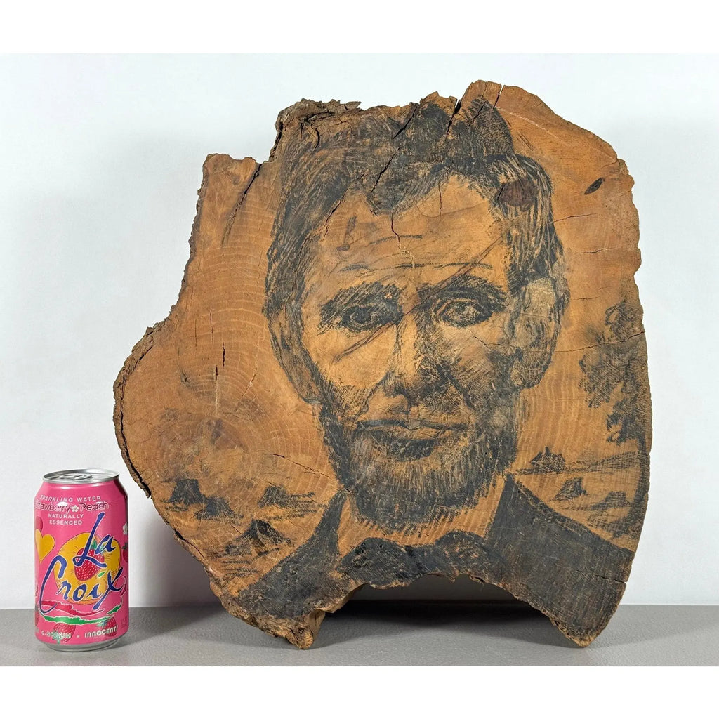 Rare 19th-Century Folk Art Abraham Lincoln Portrait on Old-Growth Wood Slab with Klondike Gold Rush Ephemera