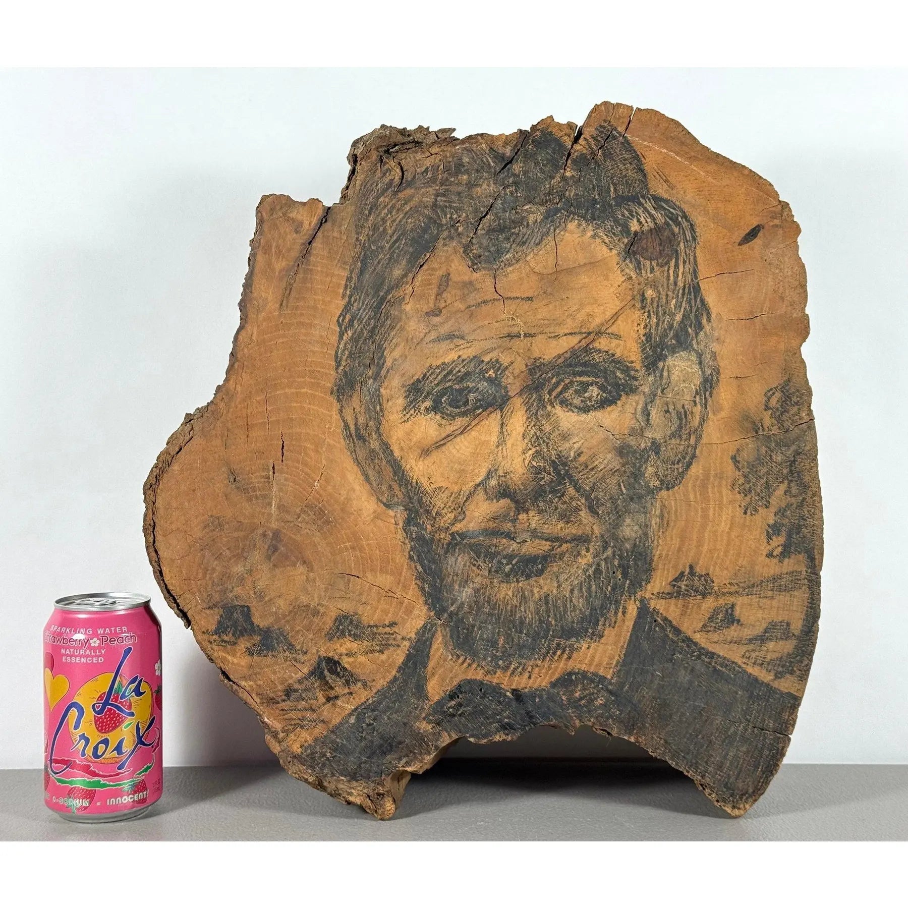 Rare 19th-Century Folk Art Abraham Lincoln Portrait on Old-Growth Wood Slab with Klondike Gold Rush Ephemera