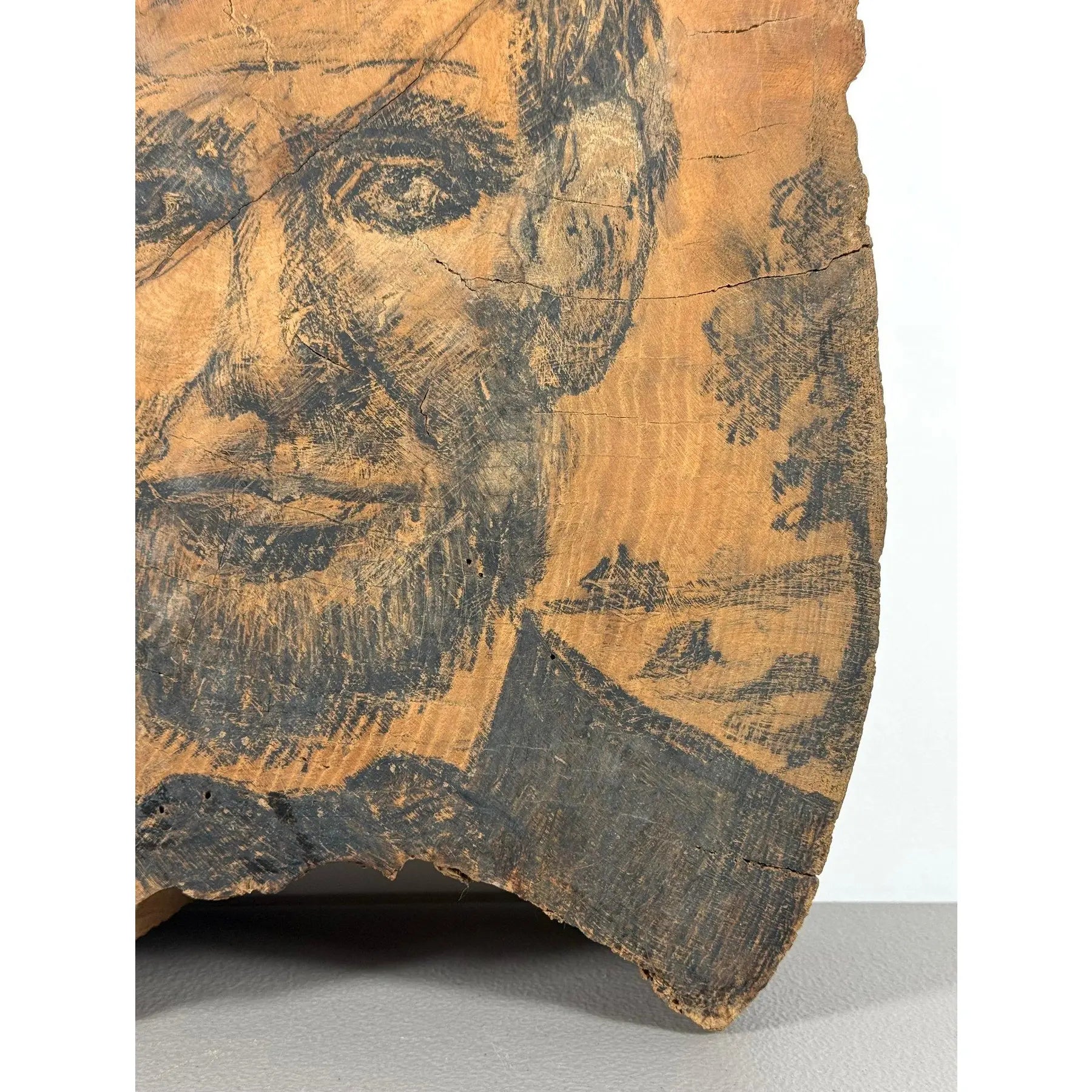Rare 19th-Century Folk Art Abraham Lincoln Portrait on Old-Growth Wood Slab with Klondike Gold Rush Ephemera