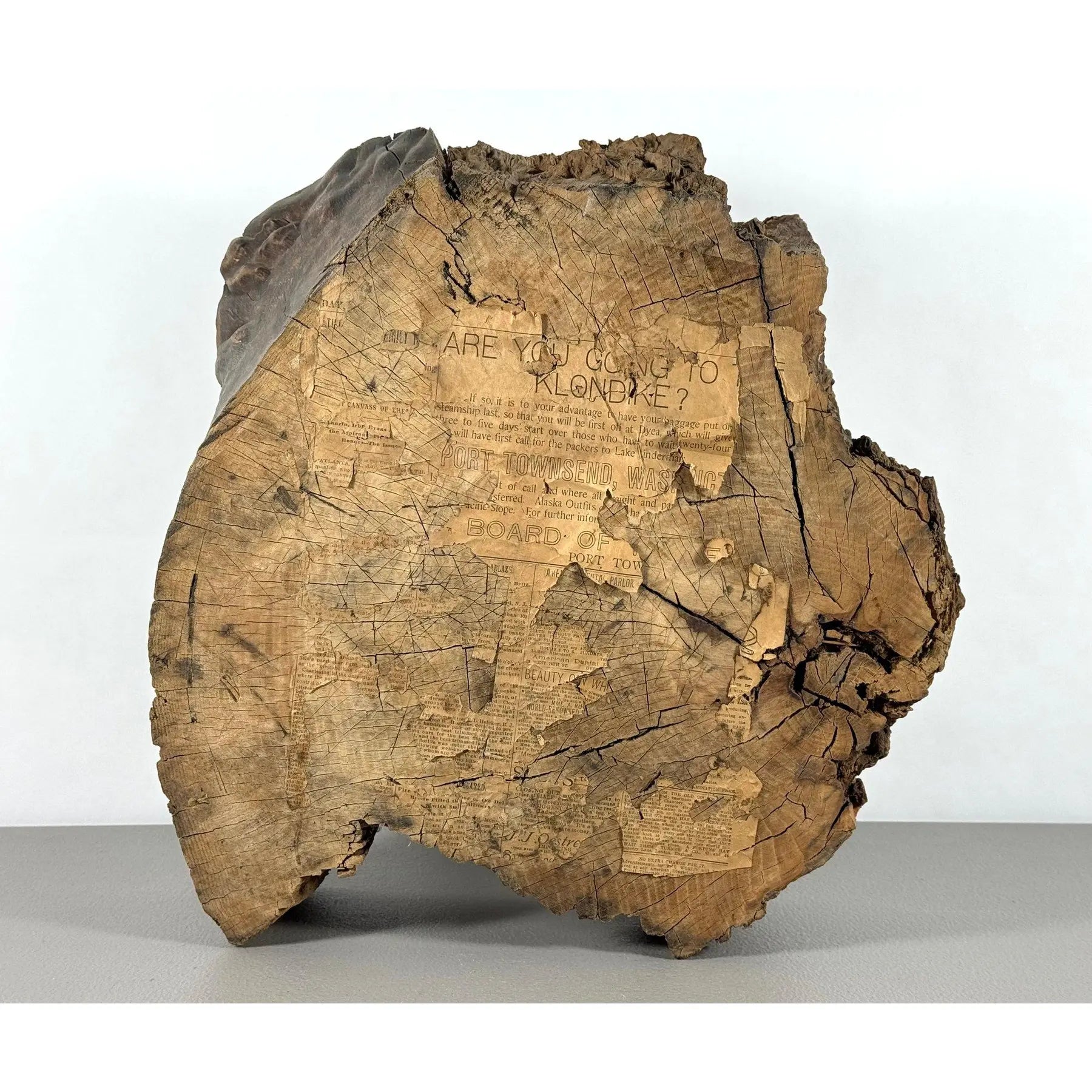 Rare 19th-Century Folk Art Abraham Lincoln Portrait on Old-Growth Wood Slab with Klondike Gold Rush Ephemera