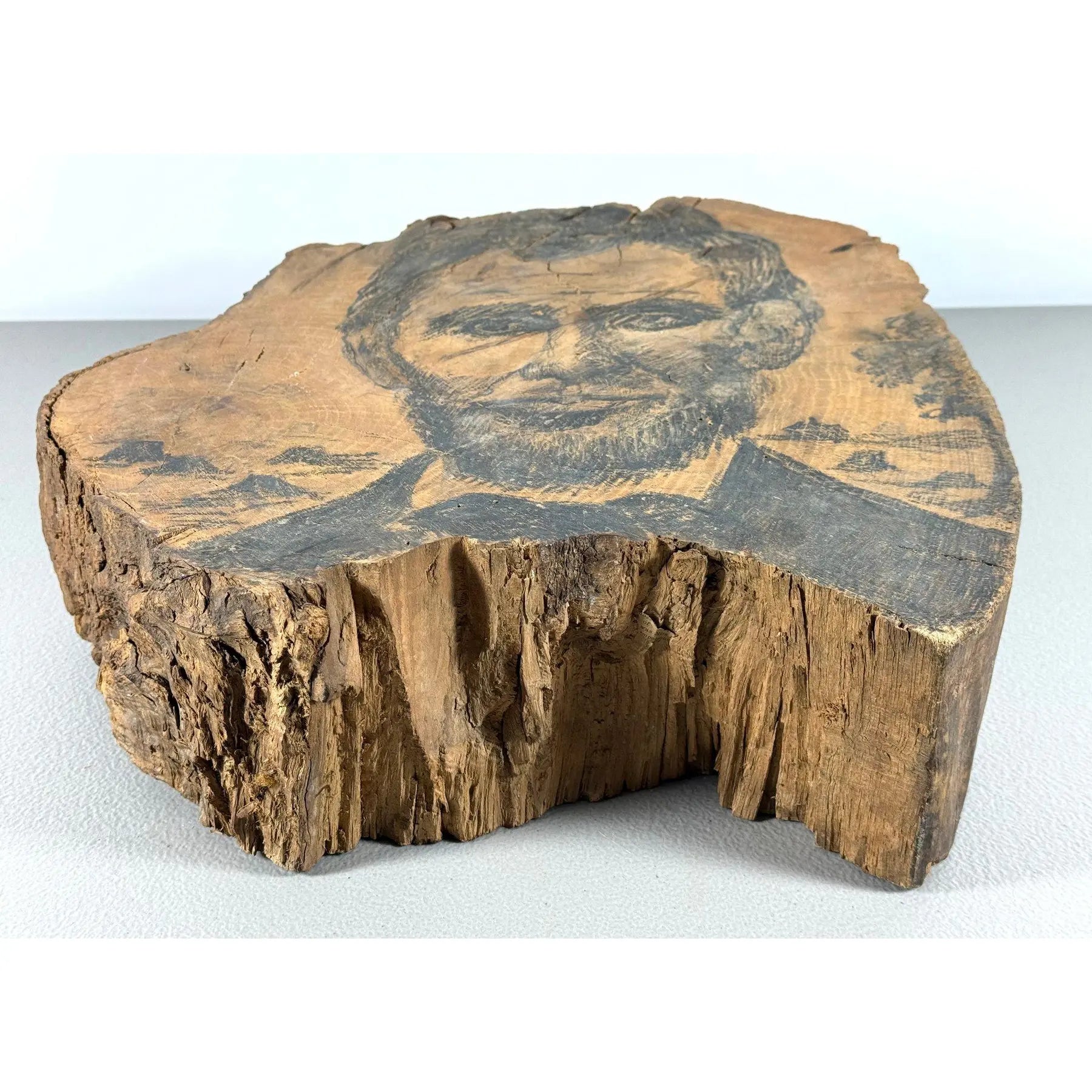 Rare 19th-Century Folk Art Abraham Lincoln Portrait on Old-Growth Wood Slab with Klondike Gold Rush Ephemera