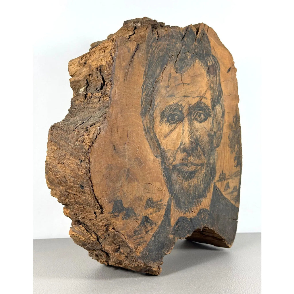 Rare 19th-Century Folk Art Abraham Lincoln Portrait on Old-Growth Wood Slab with Klondike Gold Rush Ephemera