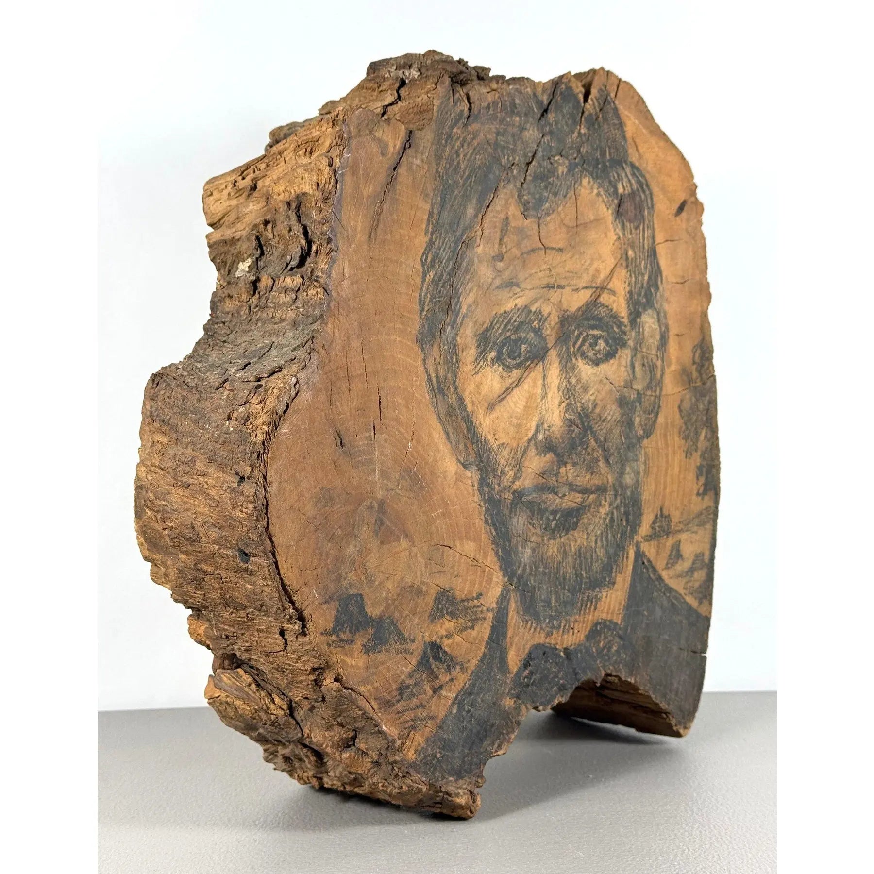Rare 19th-Century Folk Art Abraham Lincoln Portrait on Old-Growth Wood Slab with Klondike Gold Rush Ephemera