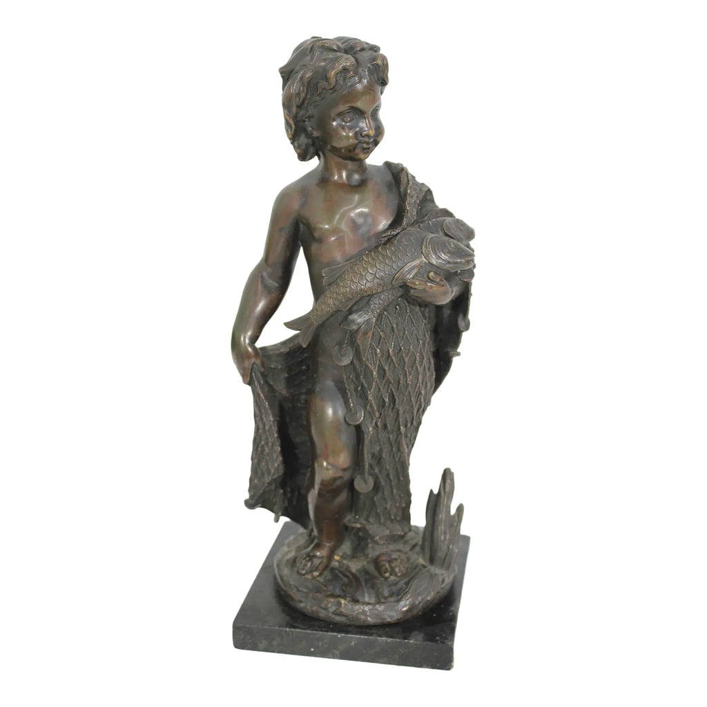 19th C. French Bronze Fisher Boy Sculpture Signed Emile Boyer, Antique Nautical Mantel Decor, Maritime Fine Art Bronze, Coastal Grandmillennial Gift