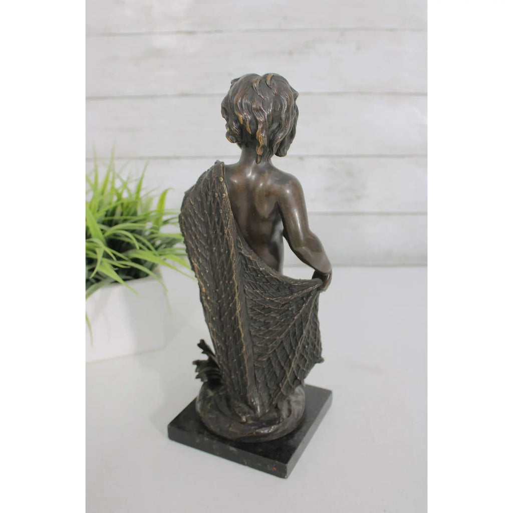 19th C. French Bronze Fisher Boy Sculpture Signed Emile Boyer, Antique Nautical Mantel Decor, Maritime Fine Art Bronze, Coastal Grandmillennial Gift