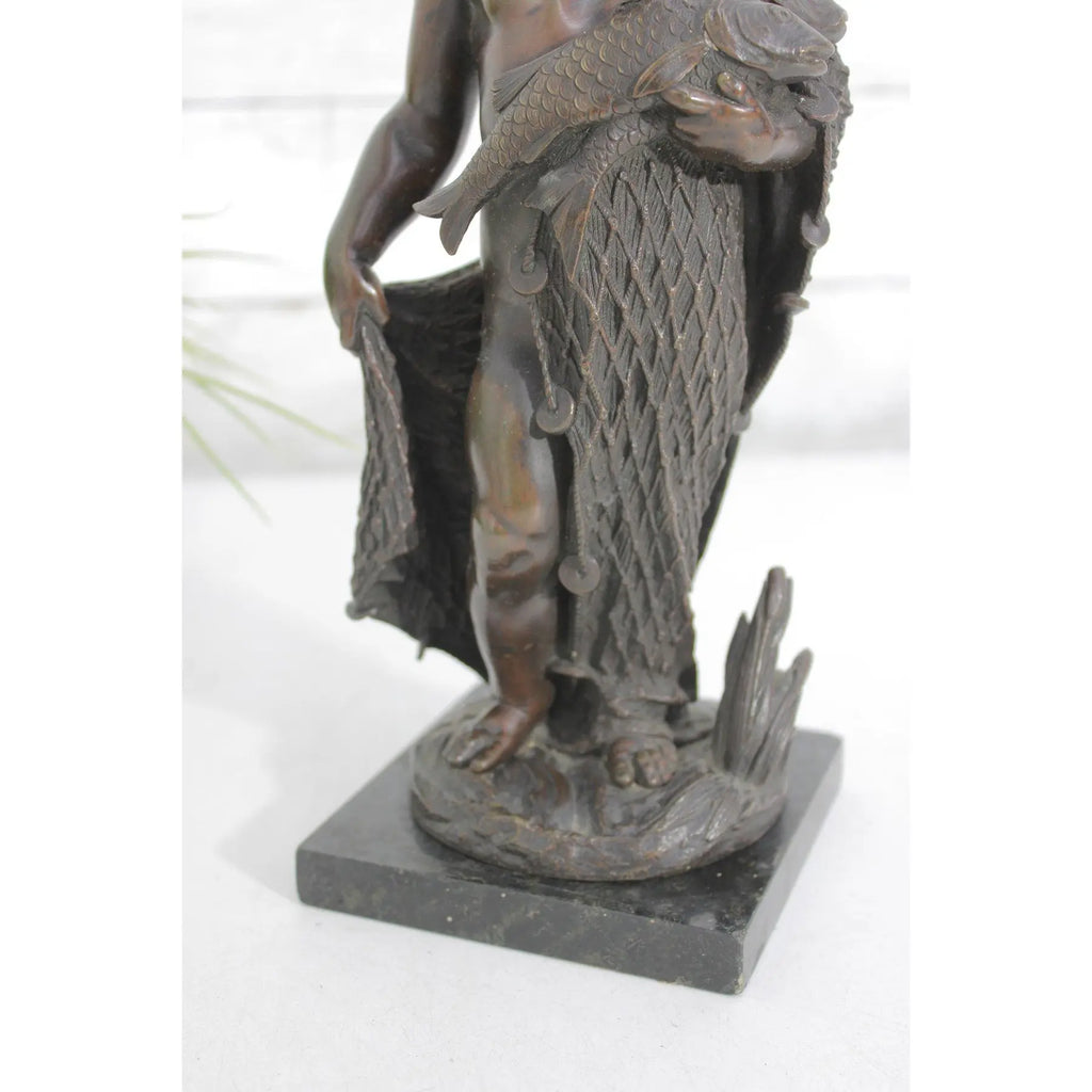 19th C. French Bronze Fisher Boy Sculpture Signed Emile Boyer, Antique Nautical Mantel Decor, Maritime Fine Art Bronze, Coastal Grandmillennial Gift