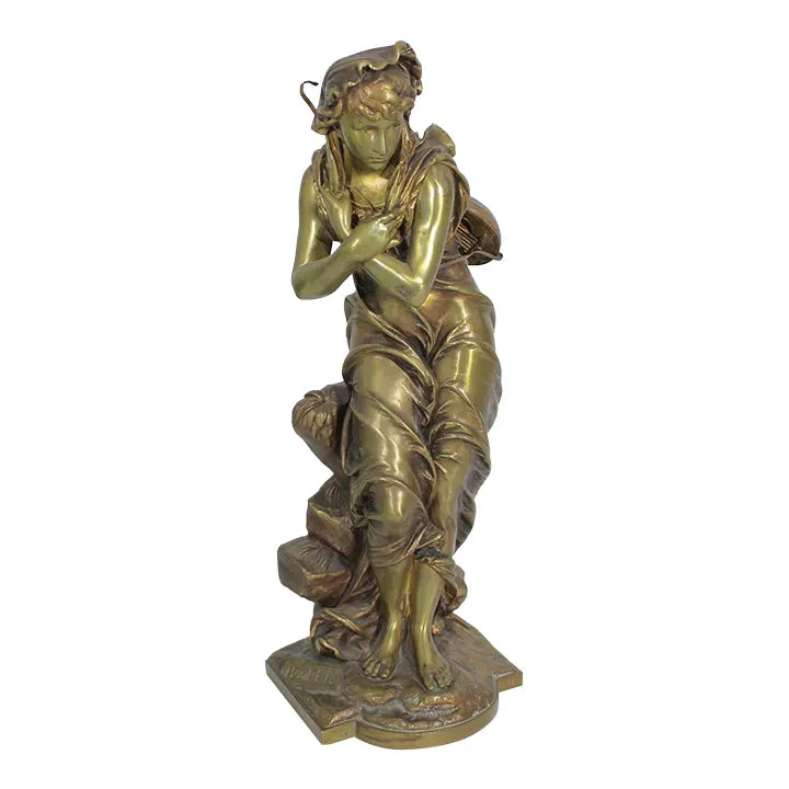 Antique 19th Century French Gilt Bronze Sculpture - Au Clair de la Lune by Eutrope Bouret - Signed 17-Inch Belle Epoque Figurine