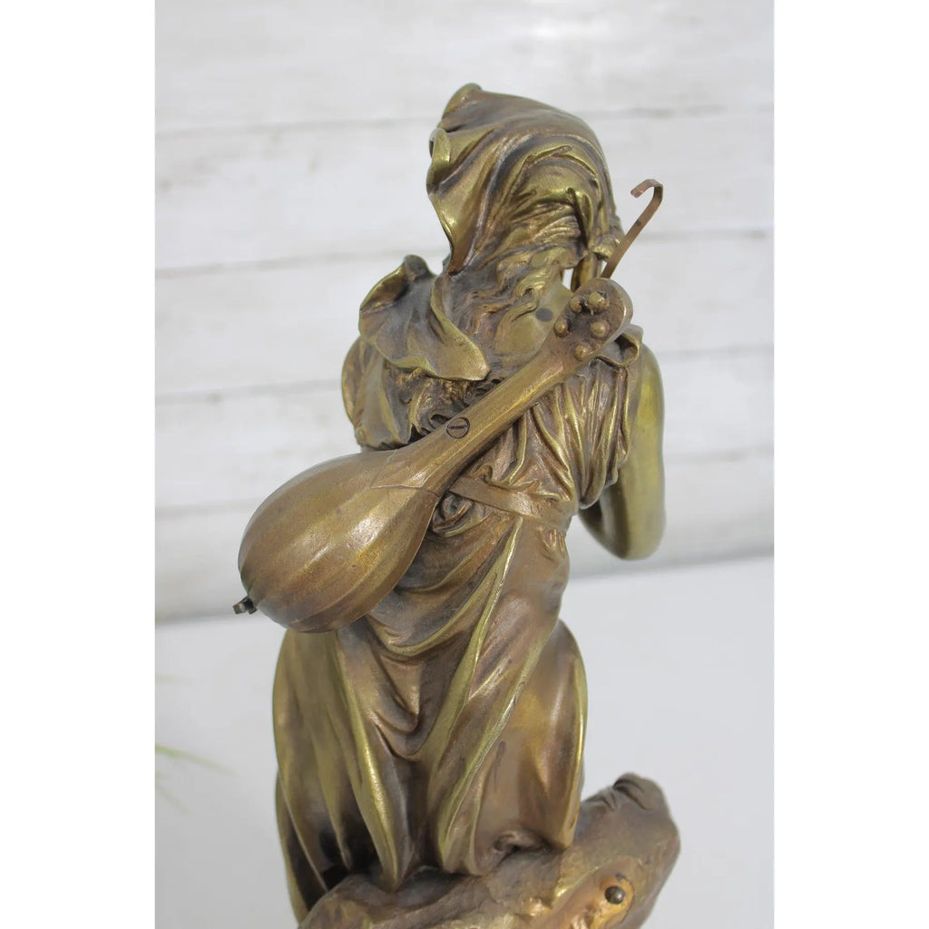 Antique 19th Century French Gilt Bronze Sculpture - Au Clair de la Lune by Eutrope Bouret - Signed 17-Inch Belle Epoque Figurine