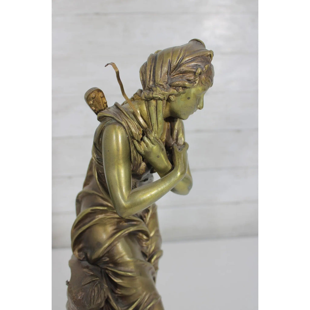 Antique 19th Century French Gilt Bronze Sculpture - Au Clair de la Lune by Eutrope Bouret - Signed 17-Inch Belle Epoque Figurine