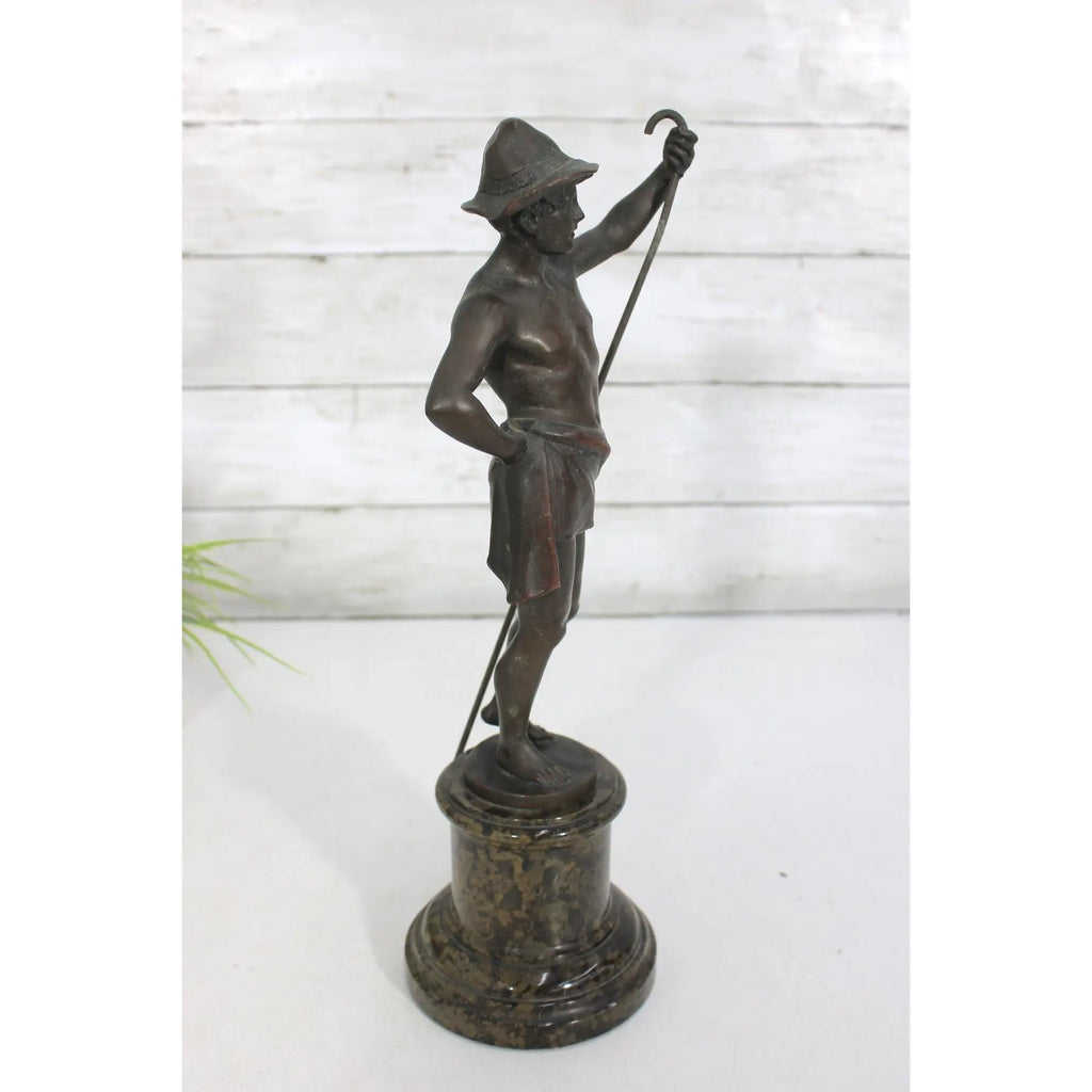 13" Signed 1910s Hans Keck German Bronze Shepherd Statue, Antique Berlin School Fine Art Sculpture, Executive Desk Decor, Library Mantel Gift