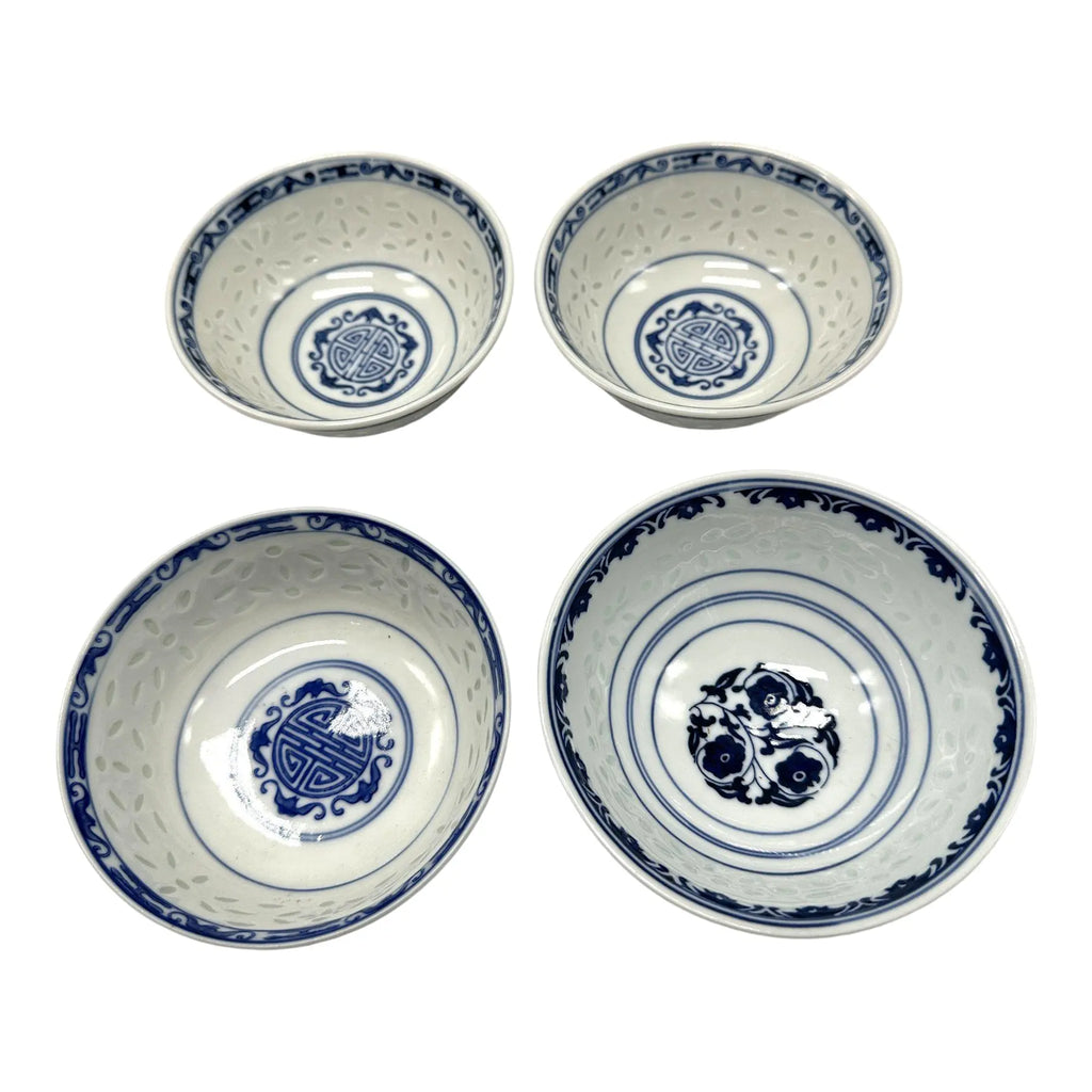 Vintage Set of 4 Jingdezhen Rice Grain Blue & White Porcelain Bowls