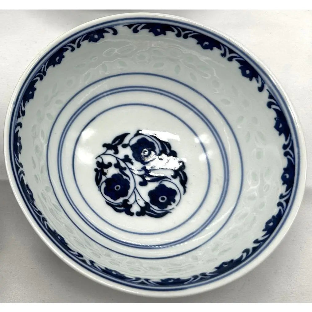 Vintage Set of 4 Jingdezhen Rice Grain Blue & White Porcelain Bowls