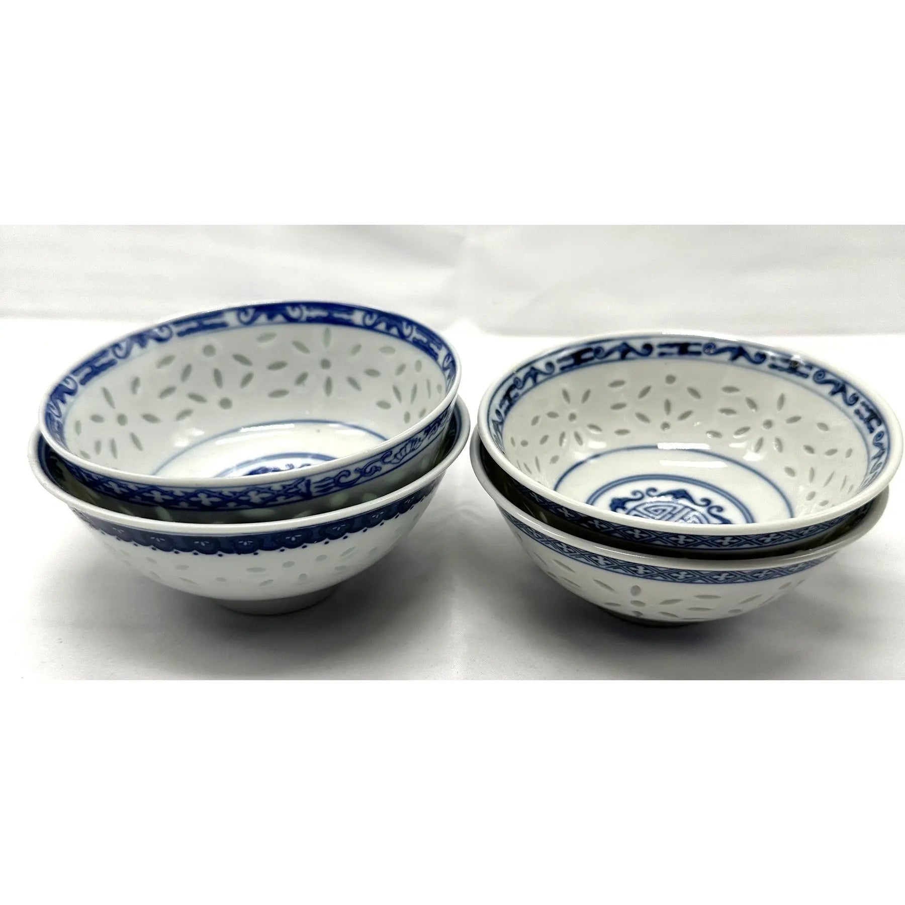 Vintage Set of 4 Jingdezhen Rice Grain Blue & White Porcelain Bowls