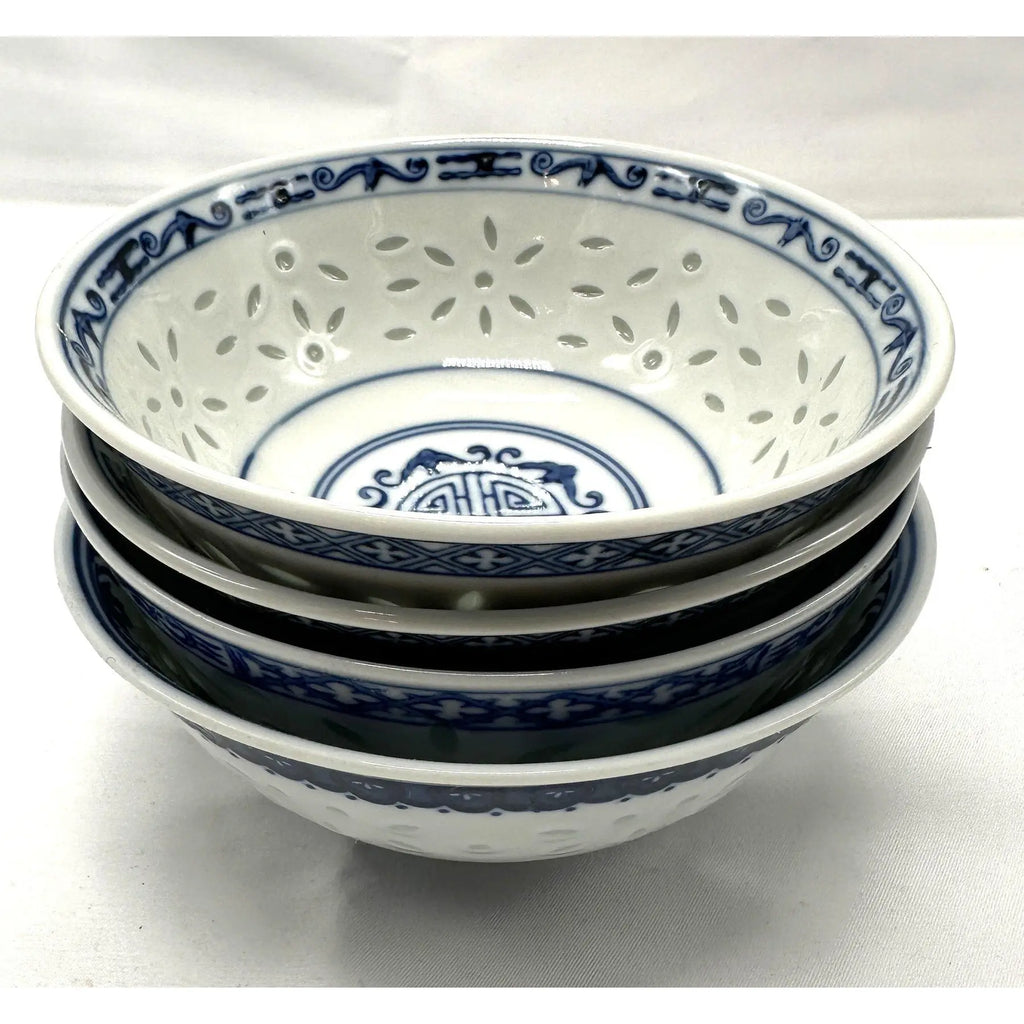 Vintage Set of 4 Jingdezhen Rice Grain Blue & White Porcelain Bowls