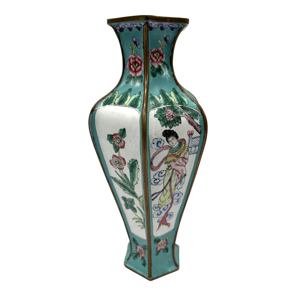 9" 1920s Chinese Republic Canton Enamel Hexagonal Vase, Turquoise Meiren & Peacock Scenic Centerpiece, Chinoiserie Mantel Decor