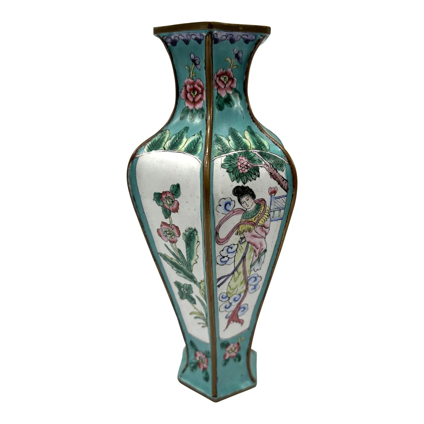 9" 1920s Chinese Republic Canton Enamel Hexagonal Vase, Turquoise Meiren & Peacock Scenic Centerpiece, Chinoiserie Mantel Decor