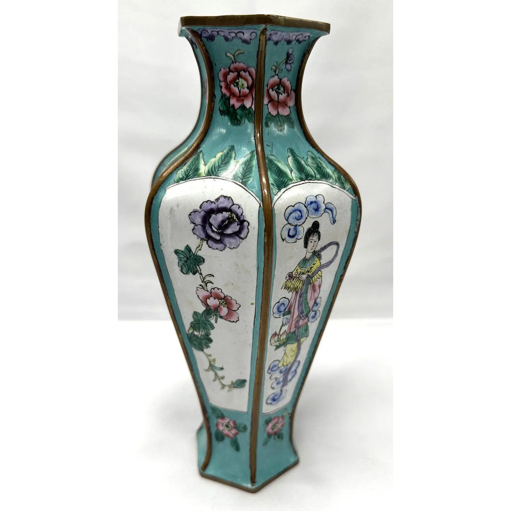 9" 1920s Chinese Republic Canton Enamel Hexagonal Vase, Turquoise Meiren & Peacock Scenic Centerpiece, Chinoiserie Mantel Decor