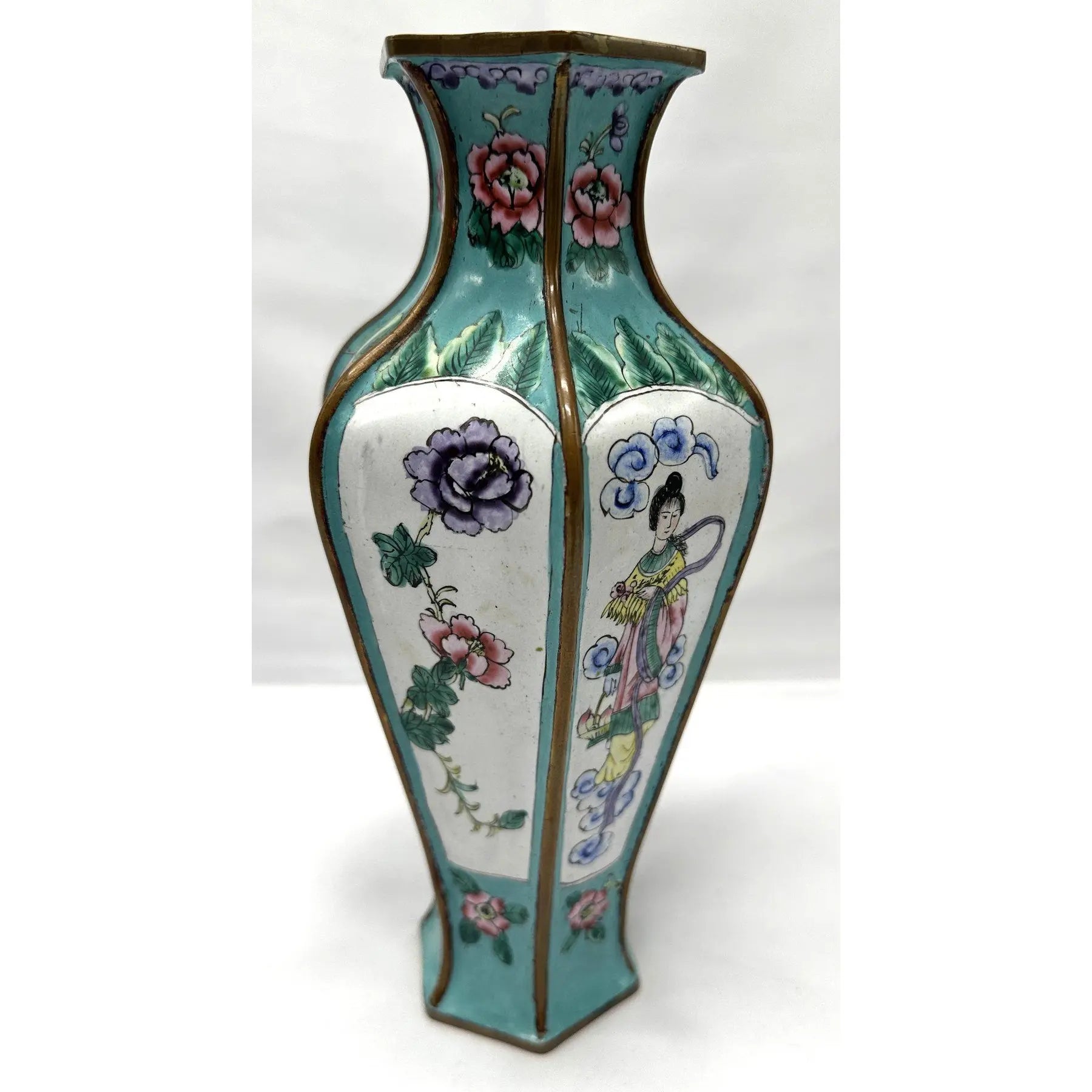 9" 1920s Chinese Republic Canton Enamel Hexagonal Vase, Turquoise Meiren & Peacock Scenic Centerpiece, Chinoiserie Mantel Decor