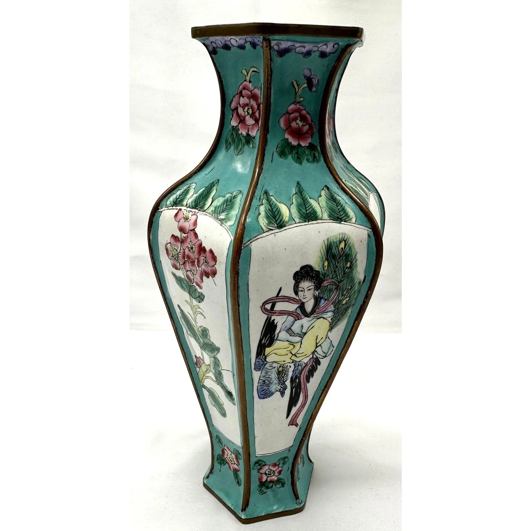 9" 1920s Chinese Republic Canton Enamel Hexagonal Vase, Turquoise Meiren & Peacock Scenic Centerpiece, Chinoiserie Mantel Decor