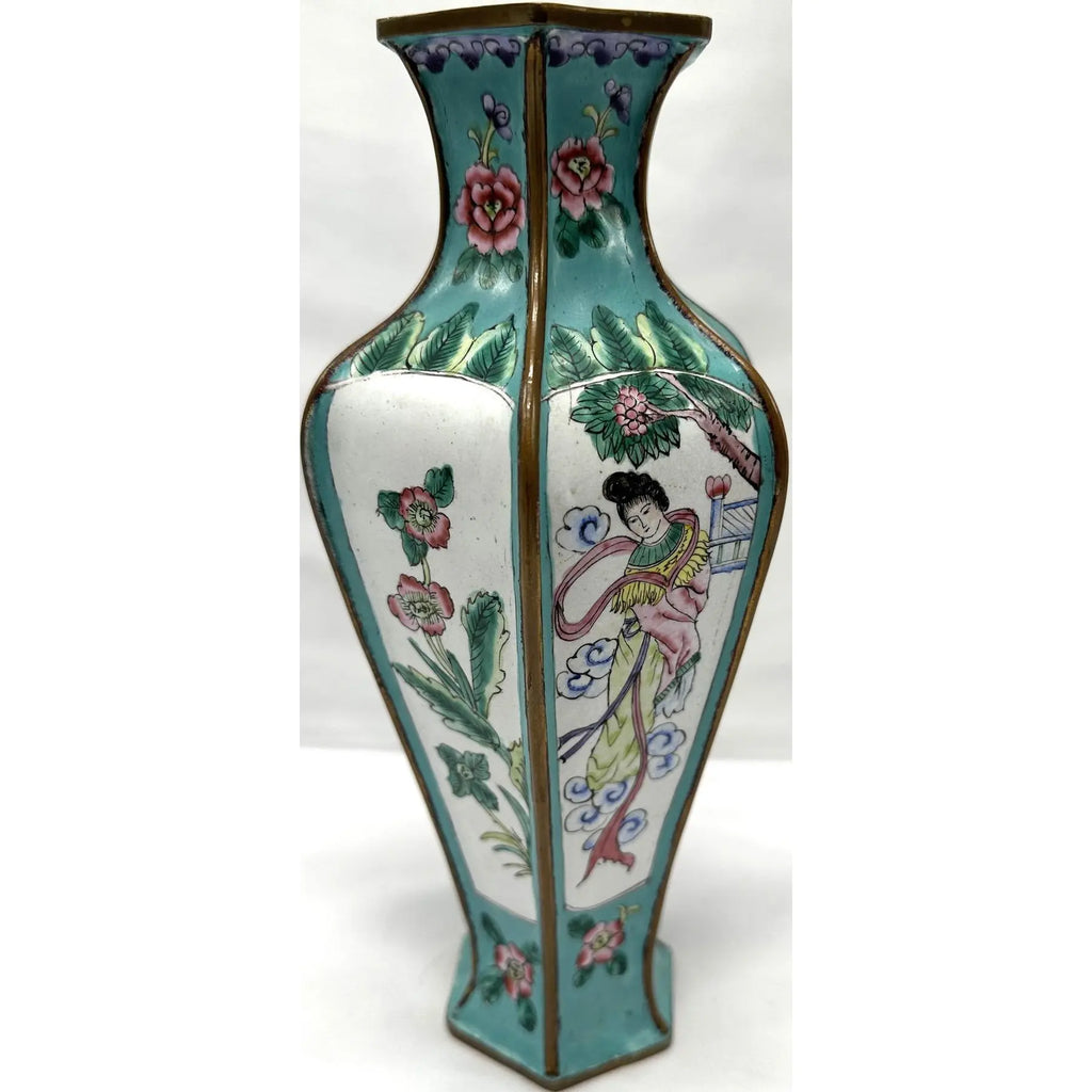 9" 1920s Chinese Republic Canton Enamel Hexagonal Vase, Turquoise Meiren & Peacock Scenic Centerpiece, Chinoiserie Mantel Decor