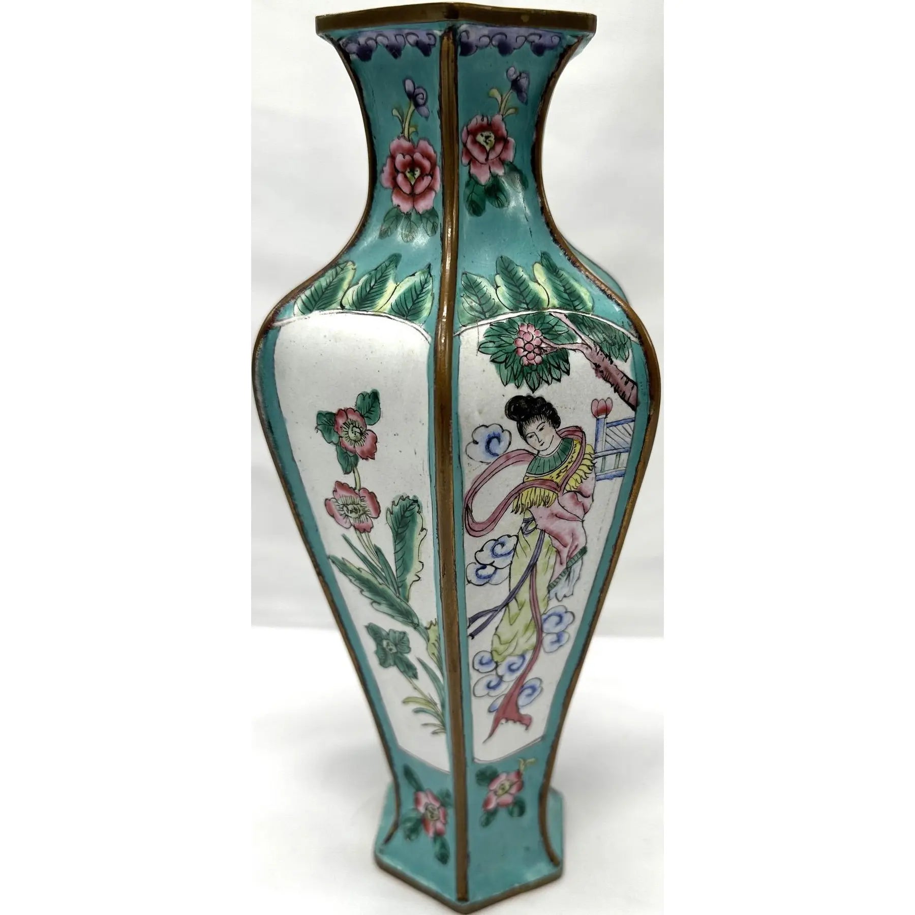 9" 1920s Chinese Republic Canton Enamel Hexagonal Vase, Turquoise Meiren & Peacock Scenic Centerpiece, Chinoiserie Mantel Decor