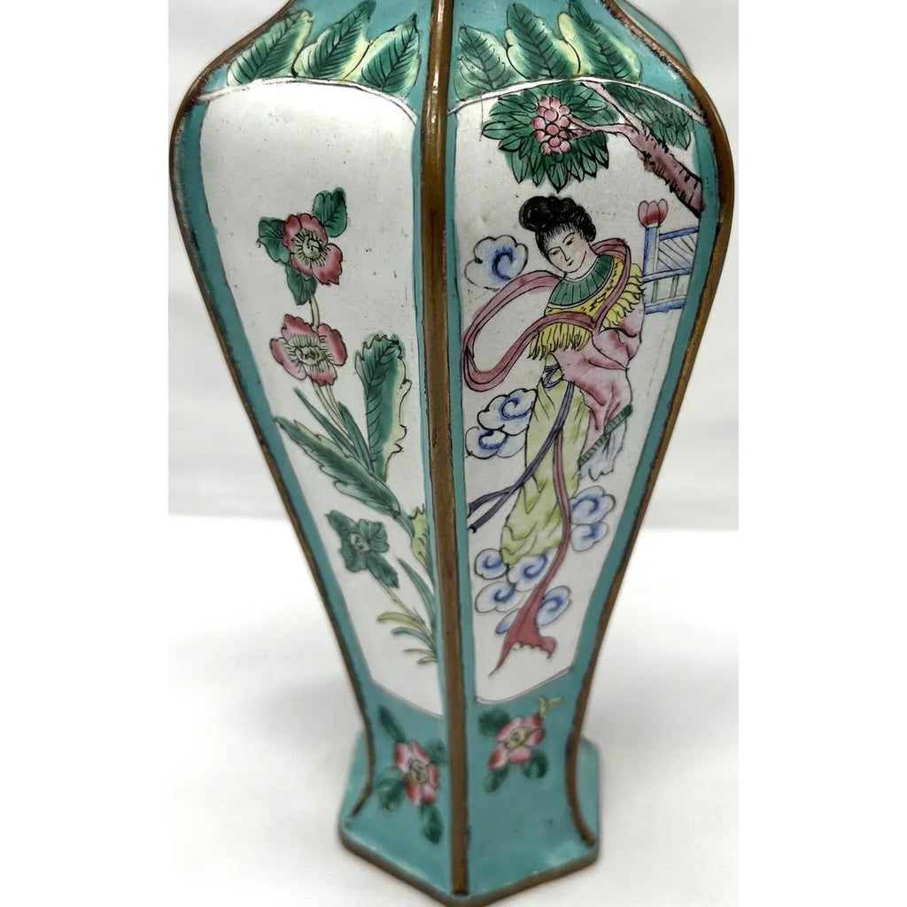 9" 1920s Chinese Republic Canton Enamel Hexagonal Vase, Turquoise Meiren & Peacock Scenic Centerpiece, Chinoiserie Mantel Decor