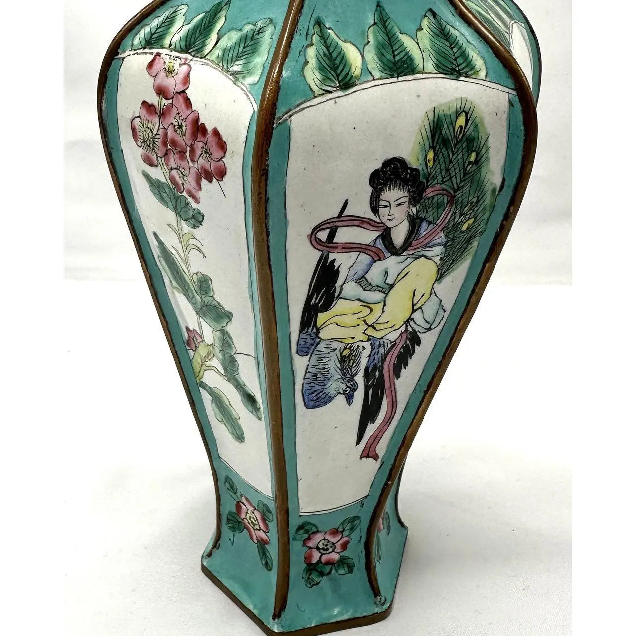 9" 1920s Chinese Republic Canton Enamel Hexagonal Vase, Turquoise Meiren & Peacock Scenic Centerpiece, Chinoiserie Mantel Decor