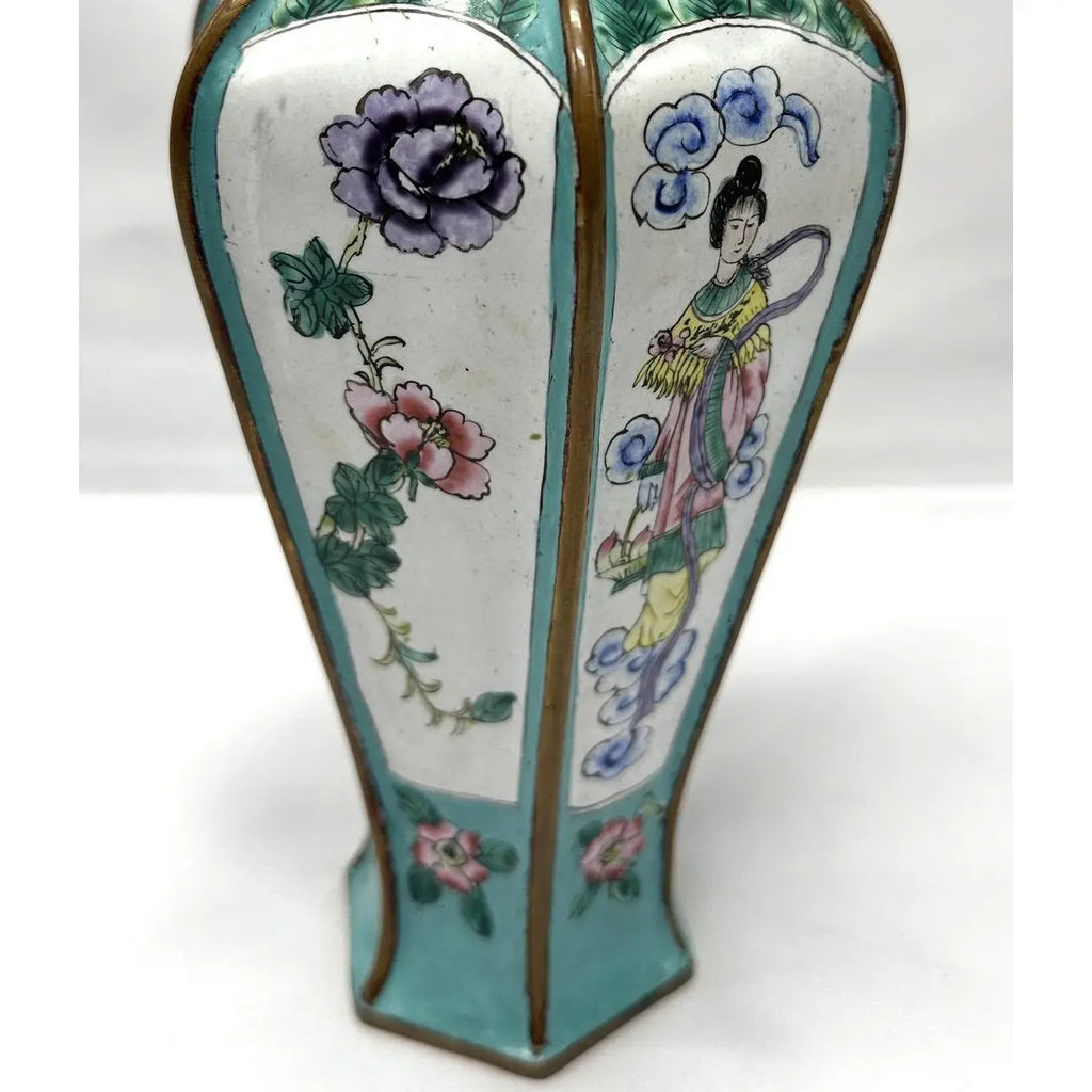9" 1920s Chinese Republic Canton Enamel Hexagonal Vase, Turquoise Meiren & Peacock Scenic Centerpiece, Chinoiserie Mantel Decor