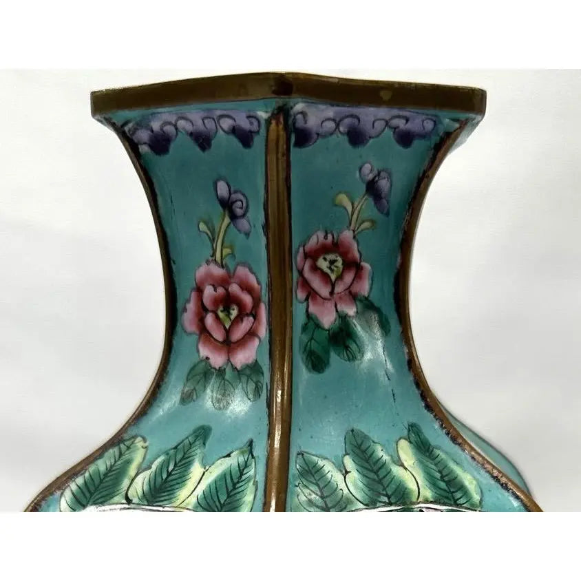 9" 1920s Chinese Republic Canton Enamel Hexagonal Vase, Turquoise Meiren & Peacock Scenic Centerpiece, Chinoiserie Mantel Decor