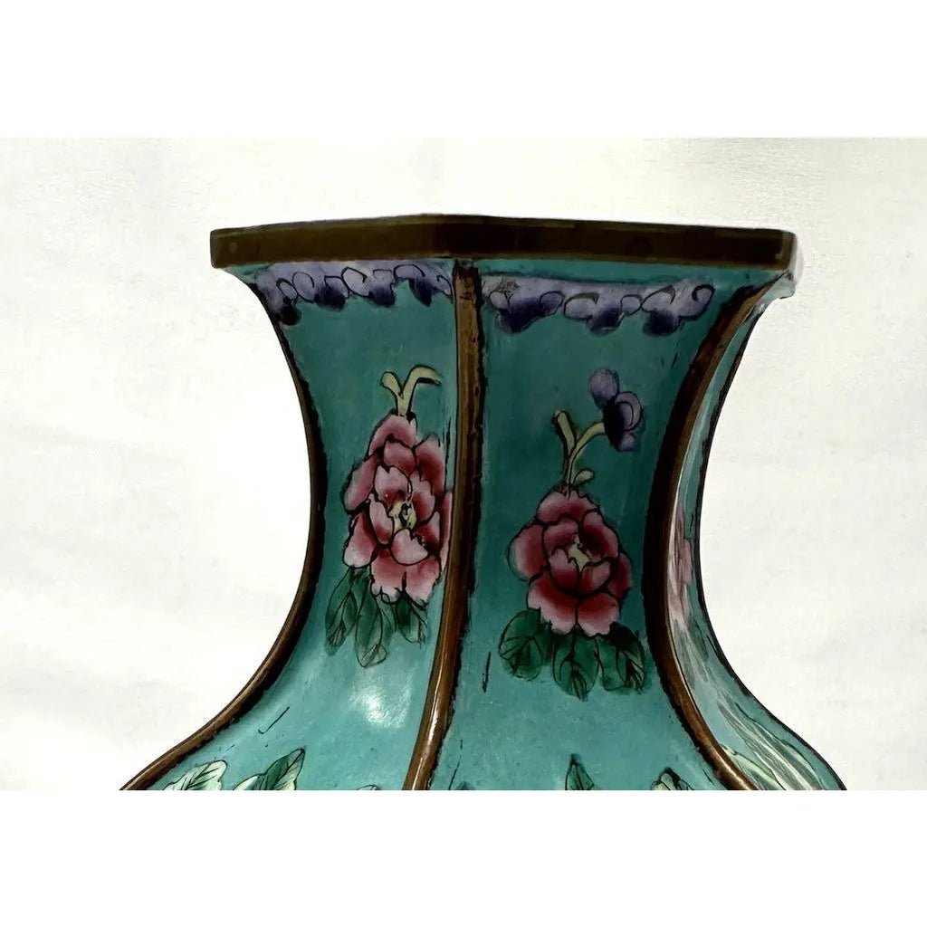 9" 1920s Chinese Republic Canton Enamel Hexagonal Vase, Turquoise Meiren & Peacock Scenic Centerpiece, Chinoiserie Mantel Decor