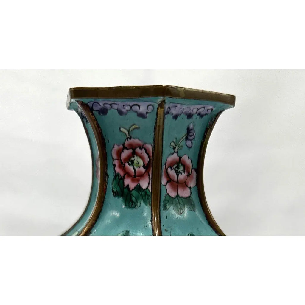 9" 1920s Chinese Republic Canton Enamel Hexagonal Vase, Turquoise Meiren & Peacock Scenic Centerpiece, Chinoiserie Mantel Decor