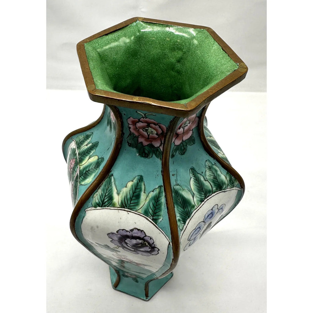 9" 1920s Chinese Republic Canton Enamel Hexagonal Vase, Turquoise Meiren & Peacock Scenic Centerpiece, Chinoiserie Mantel Decor
