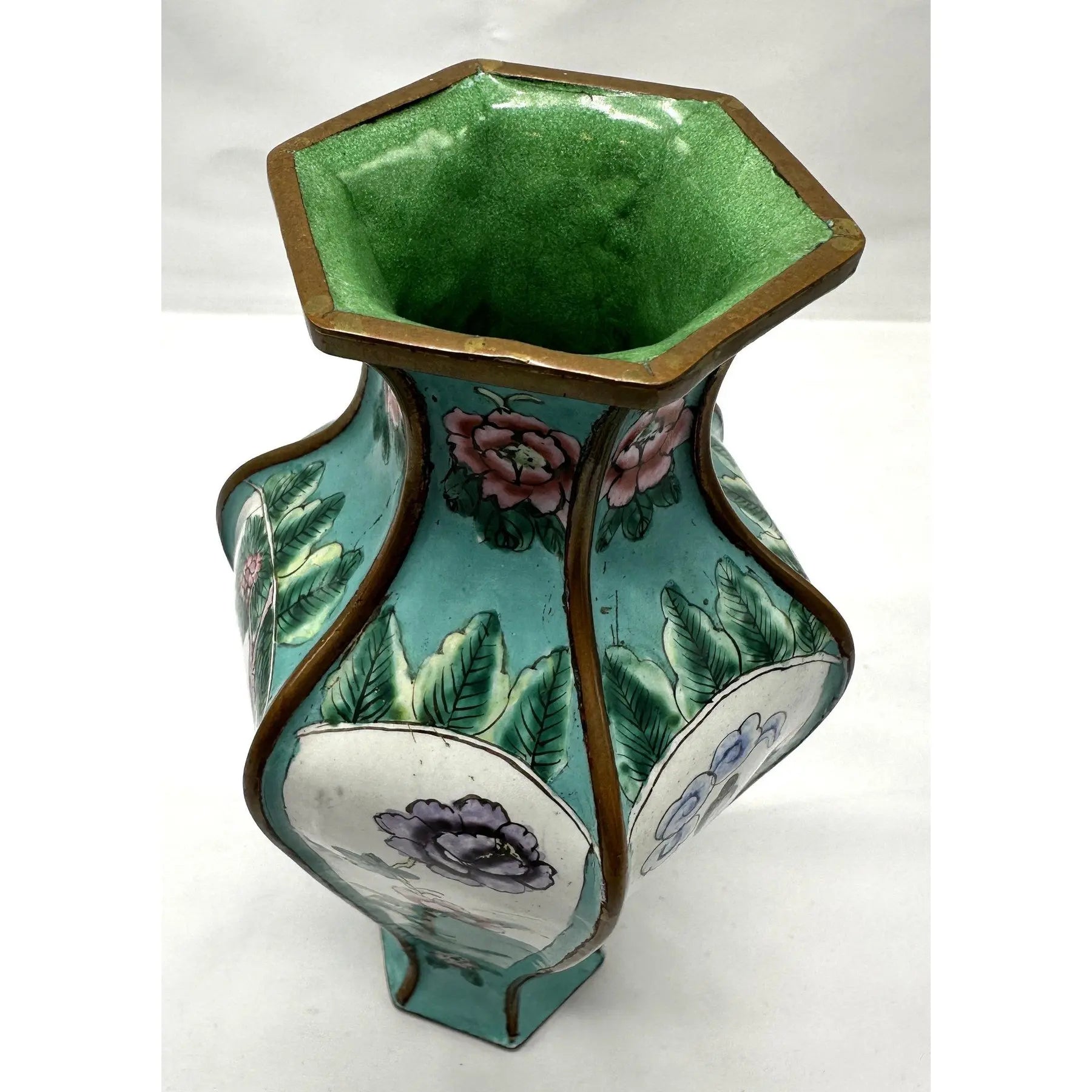 9" 1920s Chinese Republic Canton Enamel Hexagonal Vase, Turquoise Meiren & Peacock Scenic Centerpiece, Chinoiserie Mantel Decor