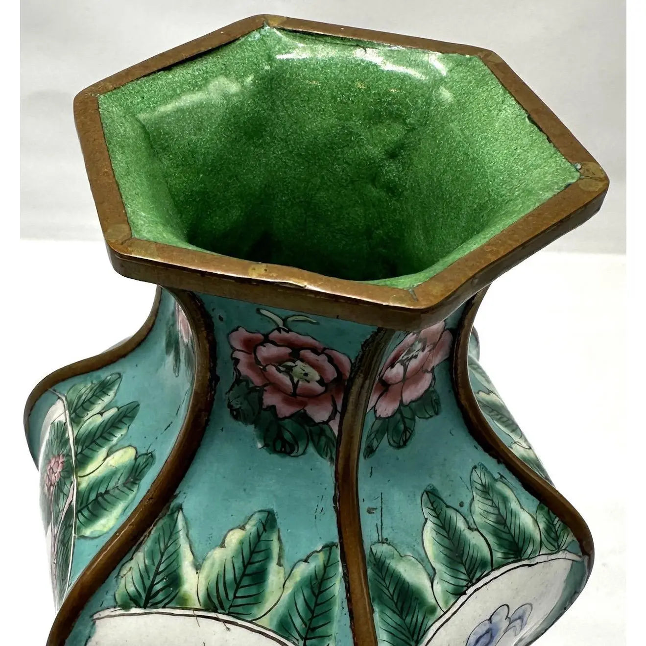 9" 1920s Chinese Republic Canton Enamel Hexagonal Vase, Turquoise Meiren & Peacock Scenic Centerpiece, Chinoiserie Mantel Decor