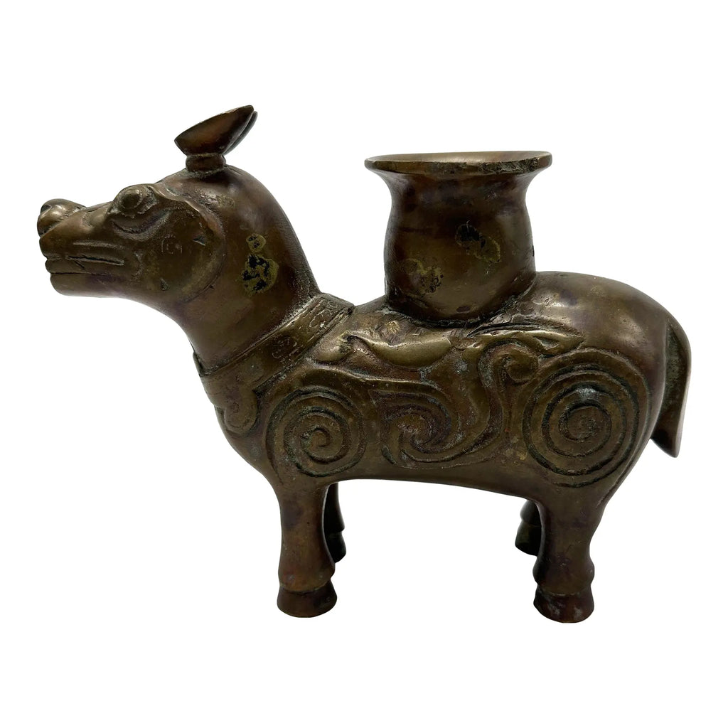 19th Century Chinese Archaic Bronze Xizun Mythical Beast Candle Holder, Qing Dynasty Fanggu Revival, Taotie Ritual Vessel Style Bronze