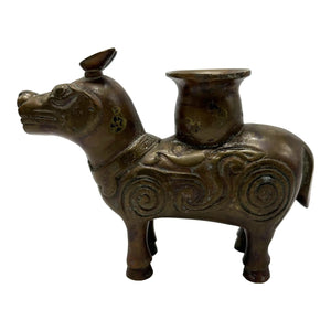 19th Century Chinese Archaic Bronze Xizun Mythical Beast Candle Holder, Qing Dynasty Fanggu Revival, Taotie Ritual Vessel Style Bronze