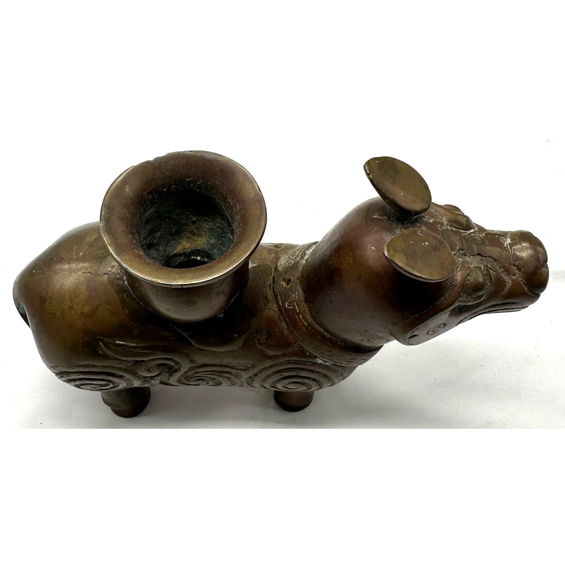 19th Century Chinese Archaic Bronze Xizun Mythical Beast Candle Holder, Qing Dynasty Fanggu Revival, Taotie Ritual Vessel Style Bronze