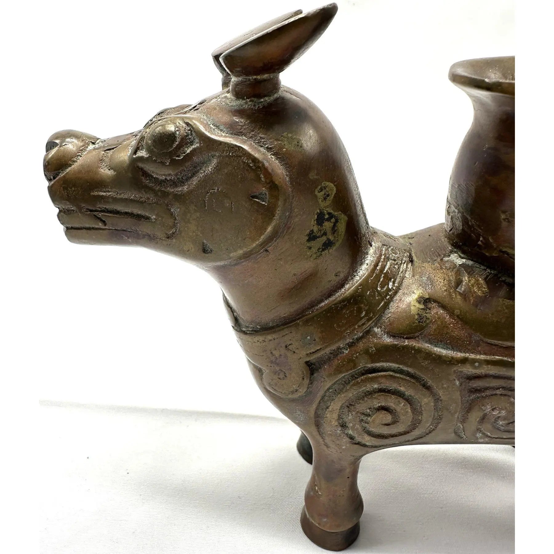 19th Century Chinese Archaic Bronze Xizun Mythical Beast Candle Holder, Qing Dynasty Fanggu Revival, Taotie Ritual Vessel Style Bronze