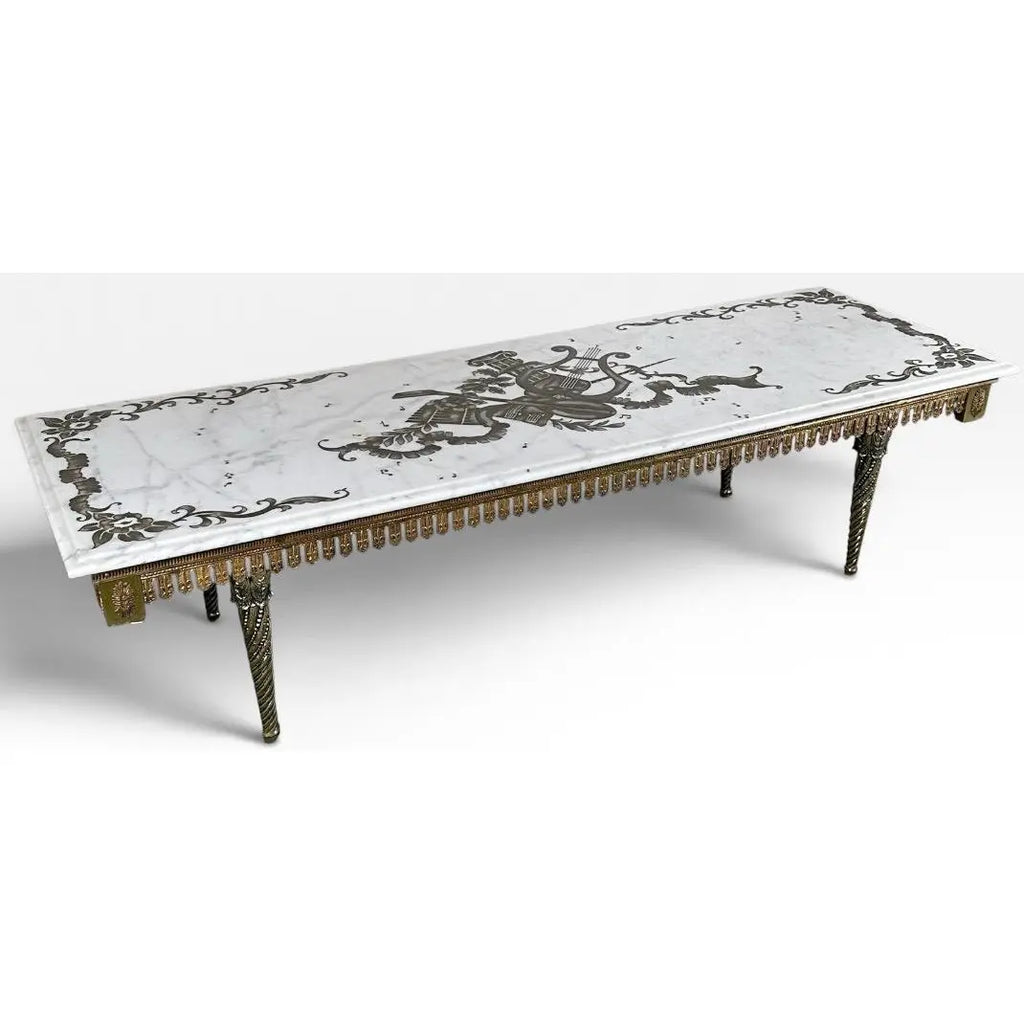 Vintage Italian Neoclassical Etched Marble and Gilt Brass Low Coffee Table