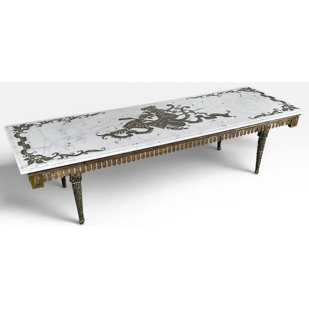 Vintage Italian Neoclassical Etched Marble and Gilt Brass Low Coffee Table