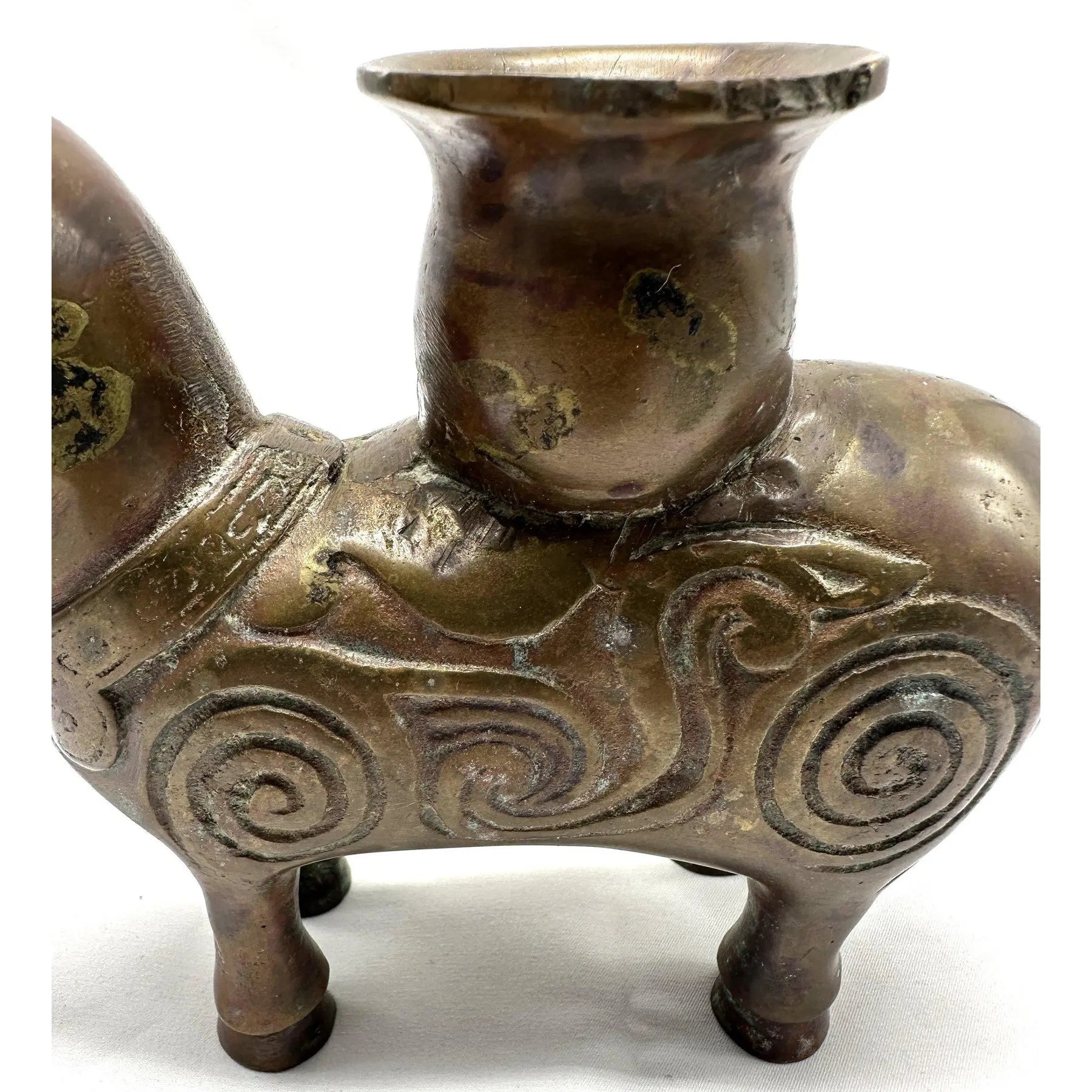 19th Century Chinese Archaic Bronze Xizun Mythical Beast Candle Holder, Qing Dynasty Fanggu Revival, Taotie Ritual Vessel Style Bronze