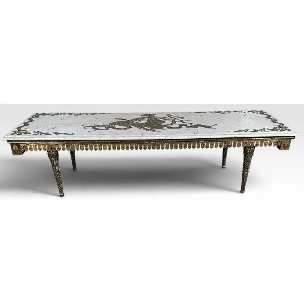 Vintage Italian Neoclassical Etched Marble and Gilt Brass Low Coffee Table