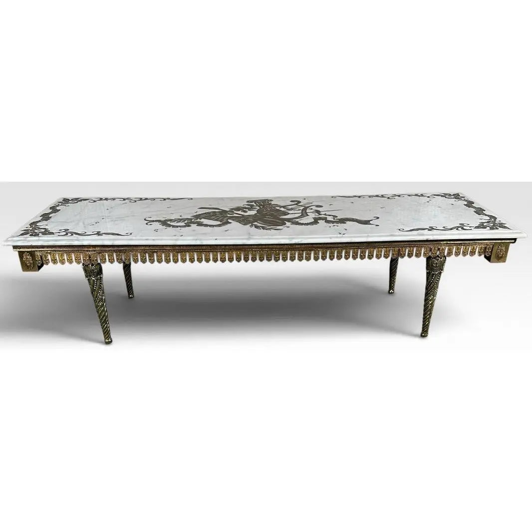 Vintage Italian Neoclassical Etched Marble and Gilt Brass Low Coffee Table