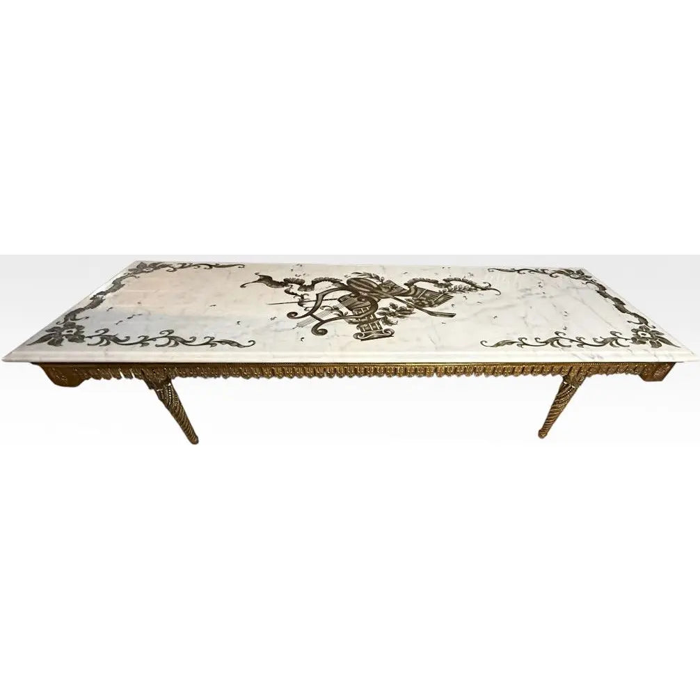 Vintage Italian Neoclassical Etched Marble and Gilt Brass Low Coffee Table